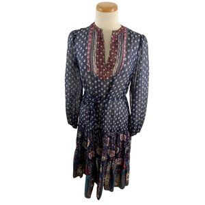 Vintage Samuel Blue Women's 14 Dress Peasant Gypsy Floral Print Midi Bohemian